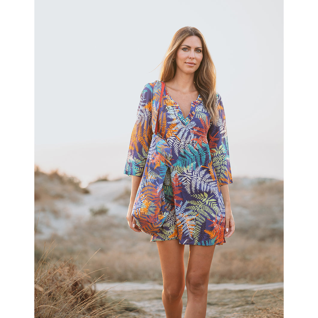 VESTIDO CORTO ESTAMPADO HOJAS KURTA