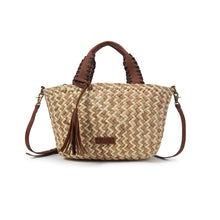 Cargar imagen en el visor de la galería, BOLSO RAFIA BICOLOR CON ELEMENTOS CONTRASTE Y PESPUNTES
